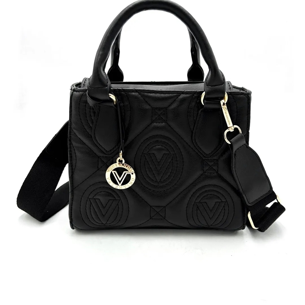 Valentino Orlandi Black Quilted Satchel with Gold Logo Charm and Strap
